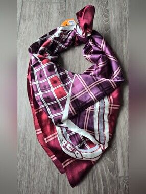 Wensli 100% Silk Large Square Scarf Burgundy Purple Tartan Belt Print NWT